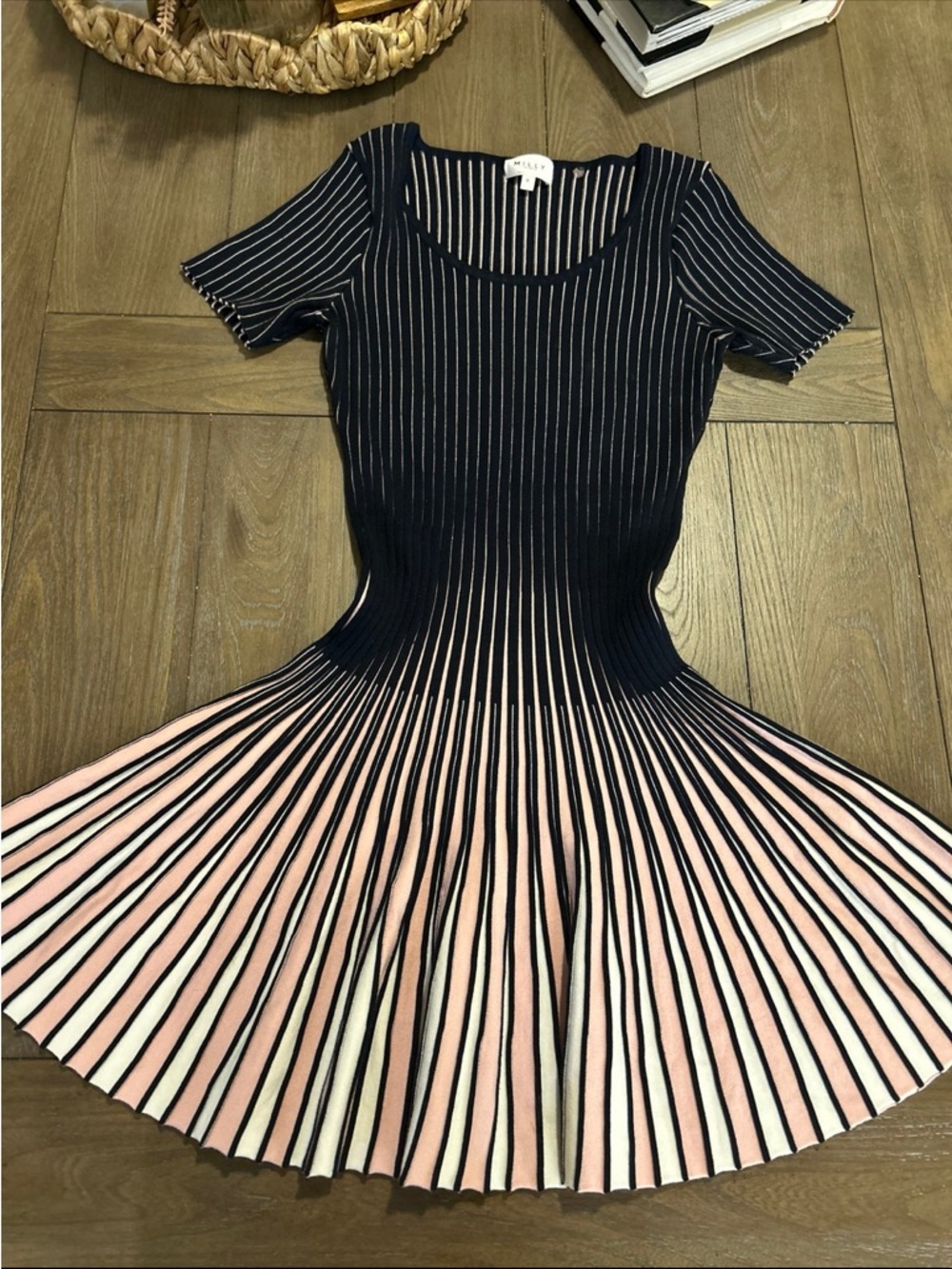 Milly Navy and Pink Striped Knit Fit-and-Flare Midi Dress